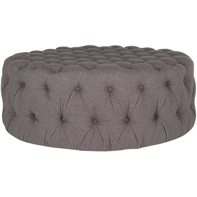 Round Button-Tufted Linen Ottoman – Mushroom / Grey / Antique Gold / Wheat / Bordeaux / Navy / Taupe, Single