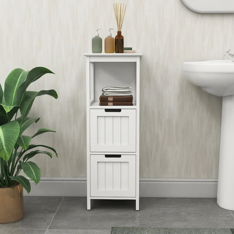 White Bathroom Floor Cabinet with 2 Drawers & 1 Shelf, Single-Person Use
