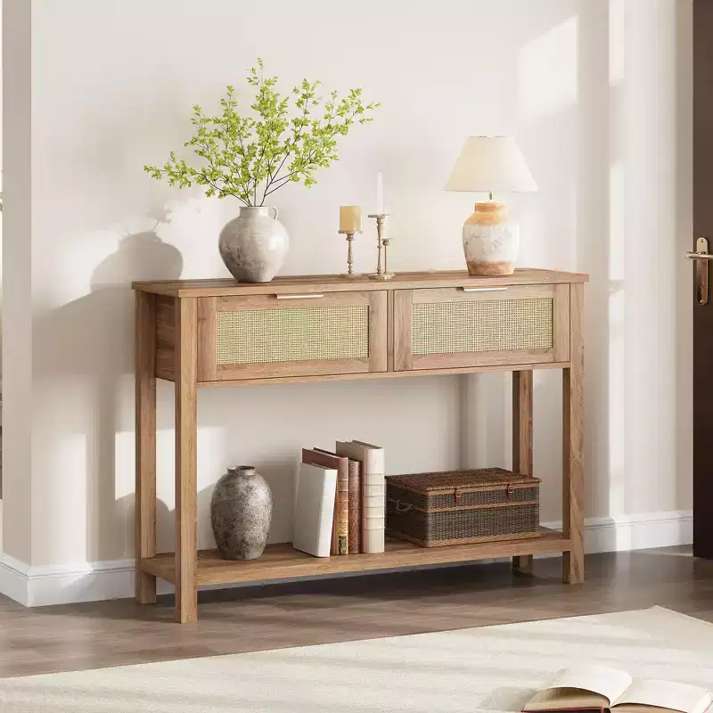 Rattan Console Table for Entryway,Boho Sofa Table for Living Room, Console Table with 2 Drawers, Wood Entryway Table with Storage