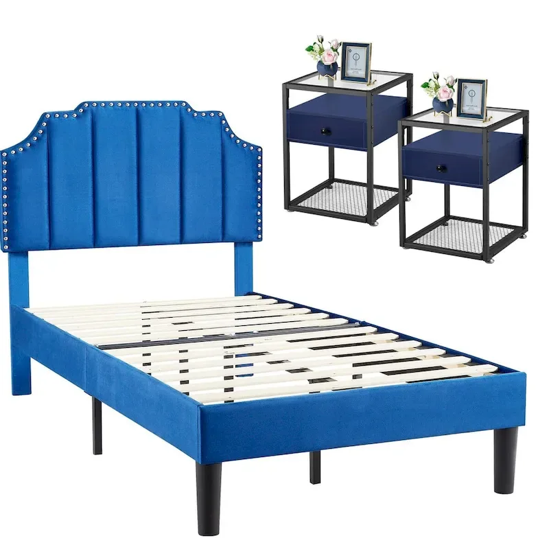 Bedroom Sets, 15 Style Options, 3-pieces Bedroom Set with Height Adjustable Upholstered Bed and Nightstands Set of 2-VECELO