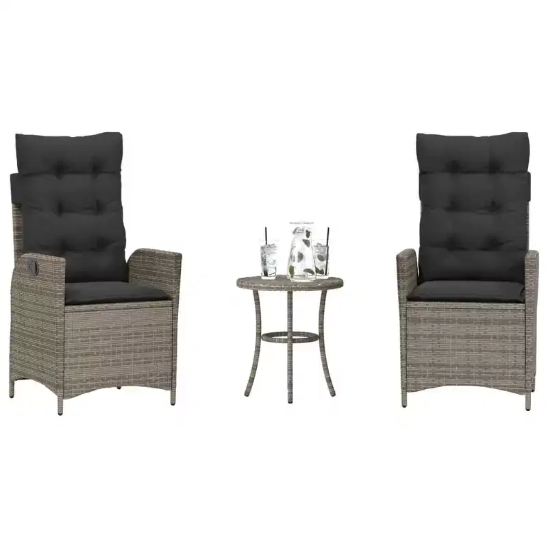 vidaXL 3 Piece Bistro Set with Reclining Chairs - Gray Poly Rattan, Navy Blue Cushions, Adjustable Backrest for Outdoor, Garden, Patio