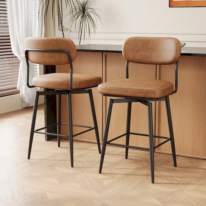 360 Swivel Bar Stools Set of 2 - Leather Upholstered Counter Height Stools with Iron Base for Kitchen Island & Office