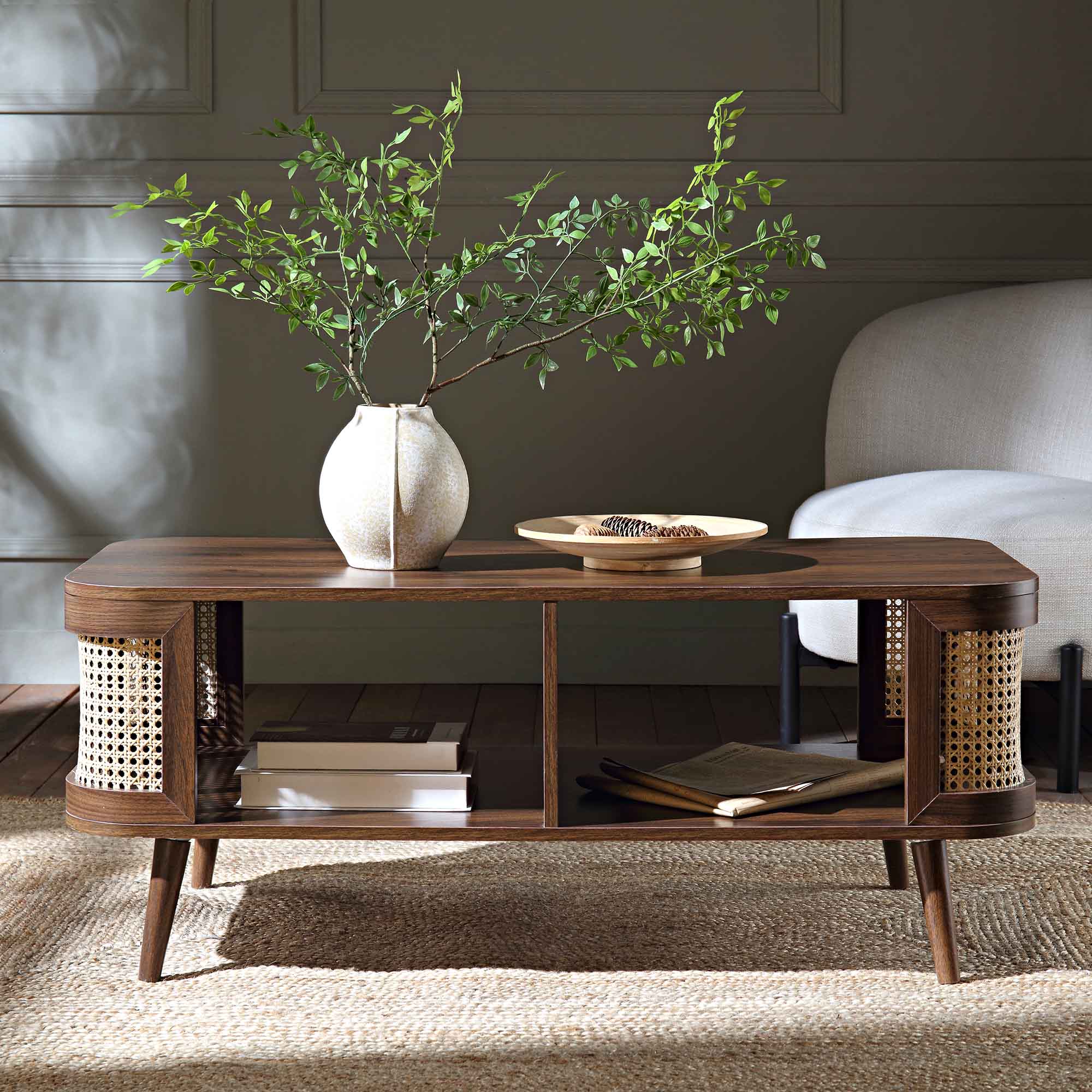 Curved Rattan Coffee Table, Walnut