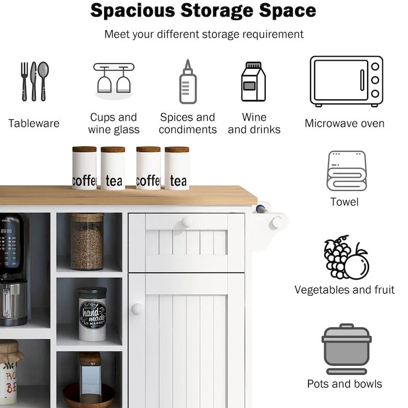 Rolling Kitchen Storage Cabinet with Microwave Stand, Drawers and Open Shelves