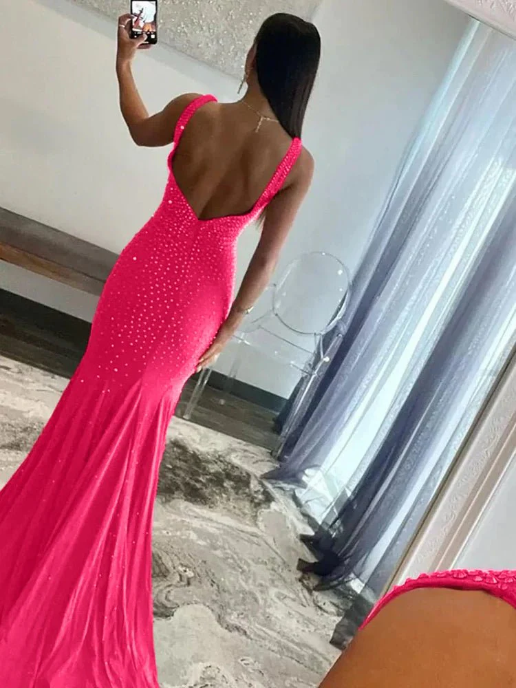 Mermaid Deep V-Neck Beaded Satin Long Prom Dress