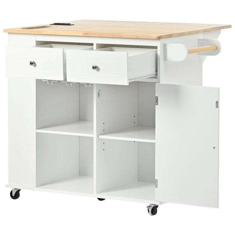 Drop Leaf Rubber Wood Kitchen Island with Power Outlet,Wine Rack
