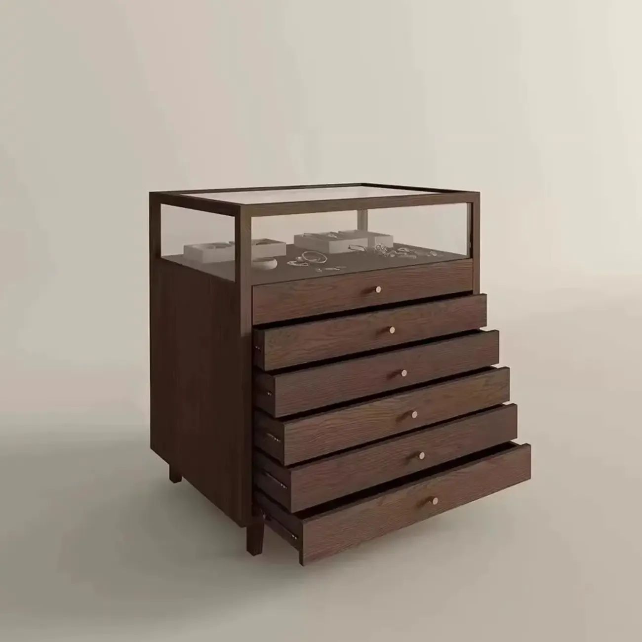 Wood Brown 6-Drawer Display Cabinet with Storage