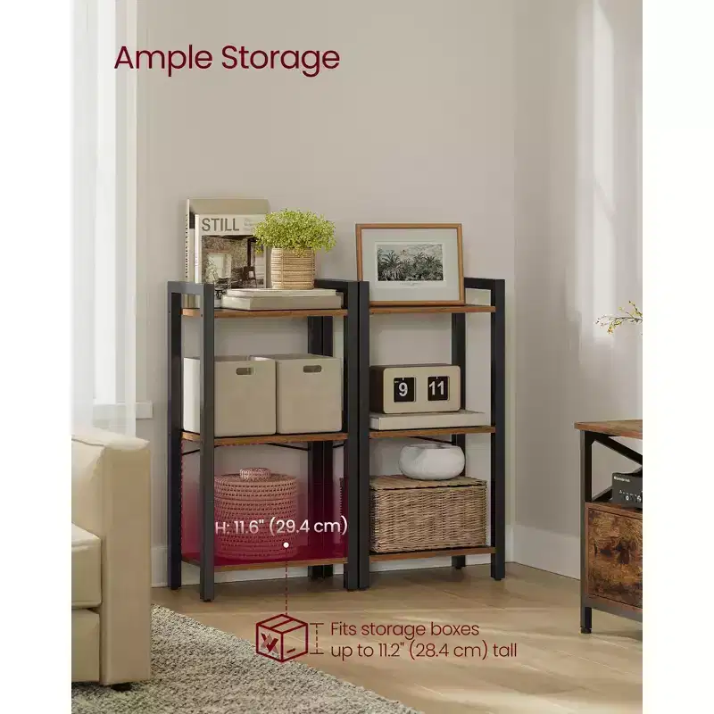 3-Tier Industrial Bookshelf with Sturdy Steel Frame, Rustic Brown & Ink Black - 9.4 x 15.7 x 30.1 Inches, Multi-Functional Storage Shelf