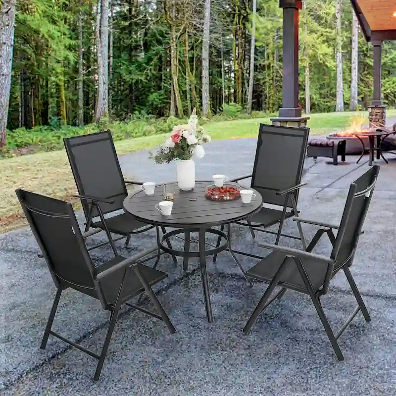 5-Piece Patio Dining Set, Round Metal Steel Dining Table with 1.57umbrella hole and 4 Adjustable Folding Chairs