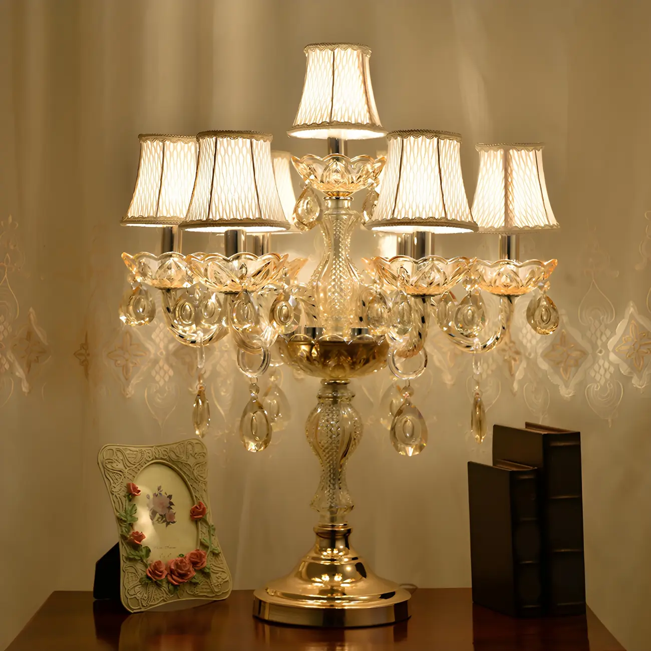 Luxury Gold Multi-Light Crystal Candelabra Table Lamp