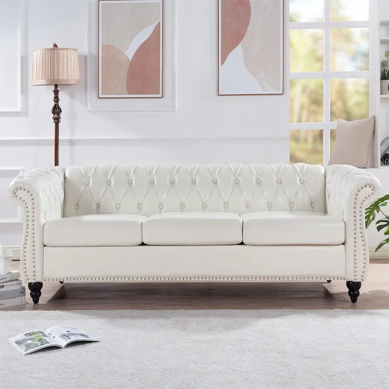 Cream, PU Leather, 3-Seater Chesterfield Sofa