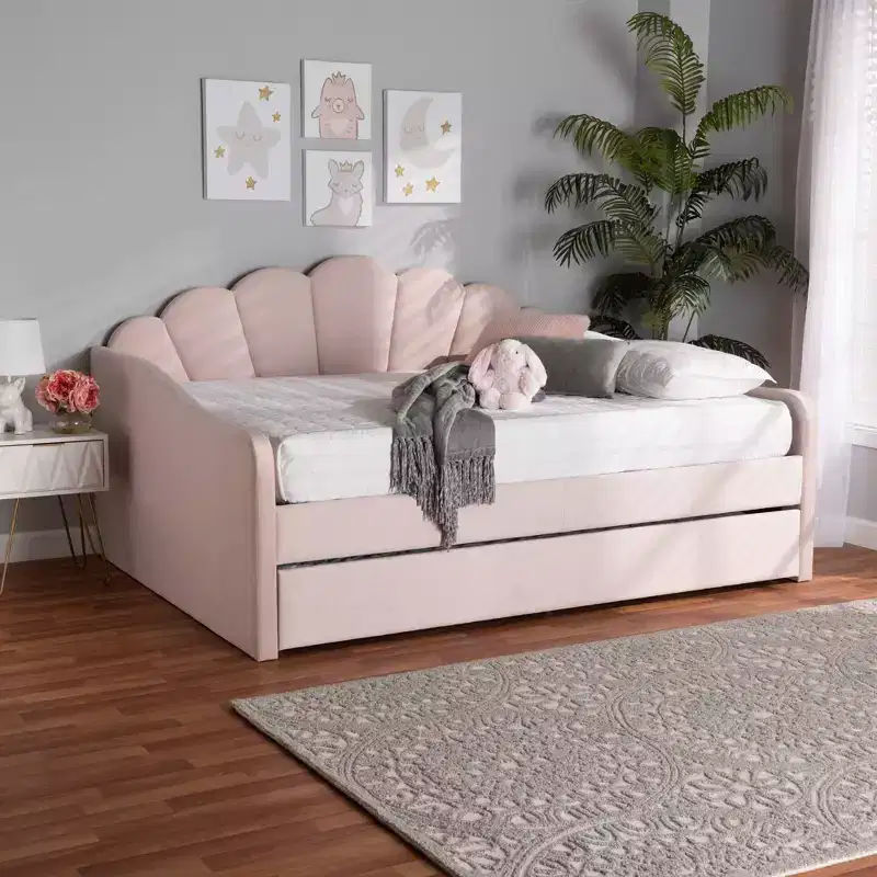 Queen Timila Velvet Fabric Upholstered Daybed with Trundle - Baxton Studio: Glam Bedroom Furniture, No Box Spring Needed
