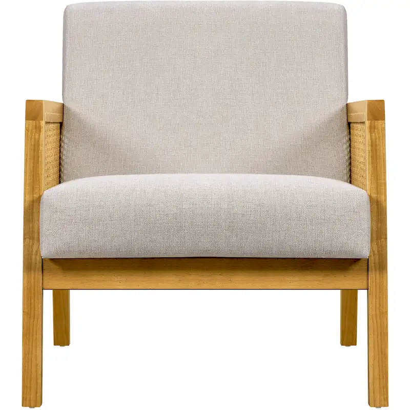 Modern Upholstered Fabric Accent Chair with Rattan Arms