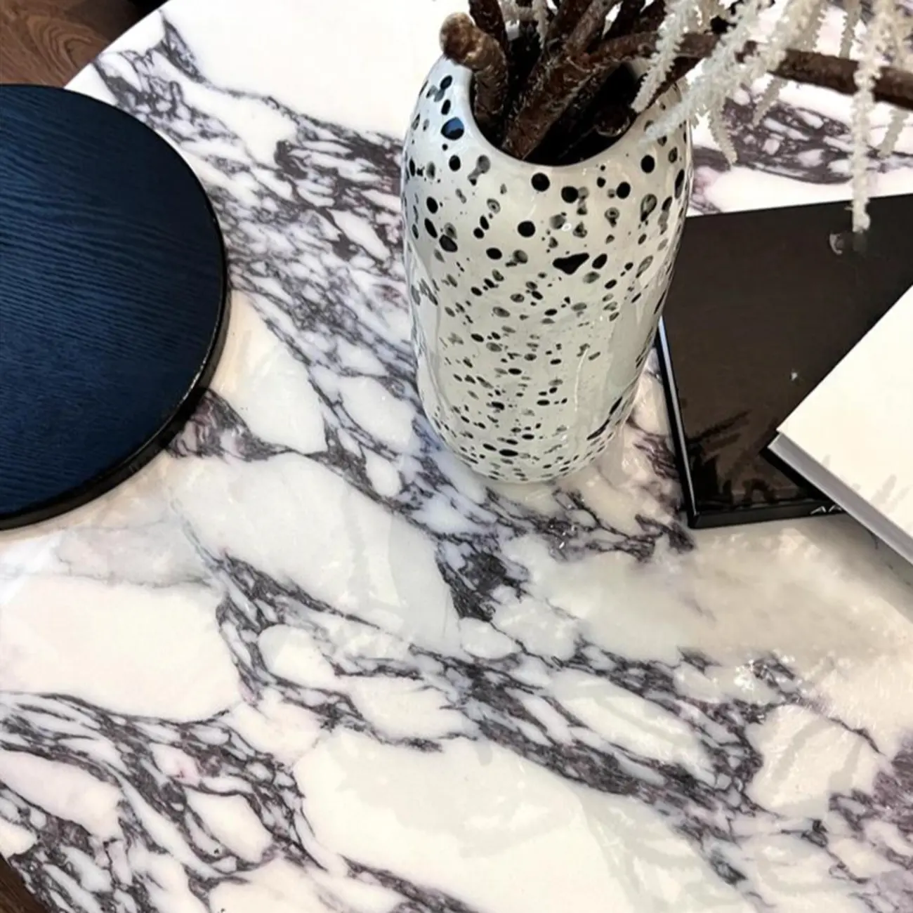 Elegant White Marble Round Wood Coffee Table