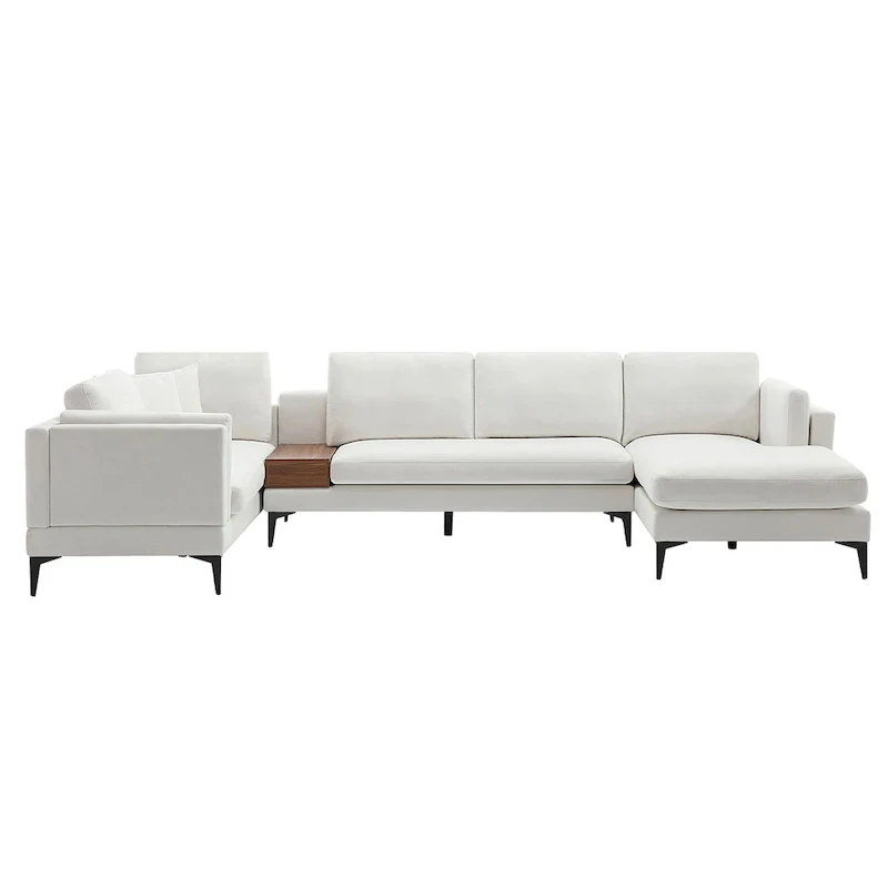 Modular U-shaped Linen Reversible Sofa with a Wooden Side Table Box and Reversible Design