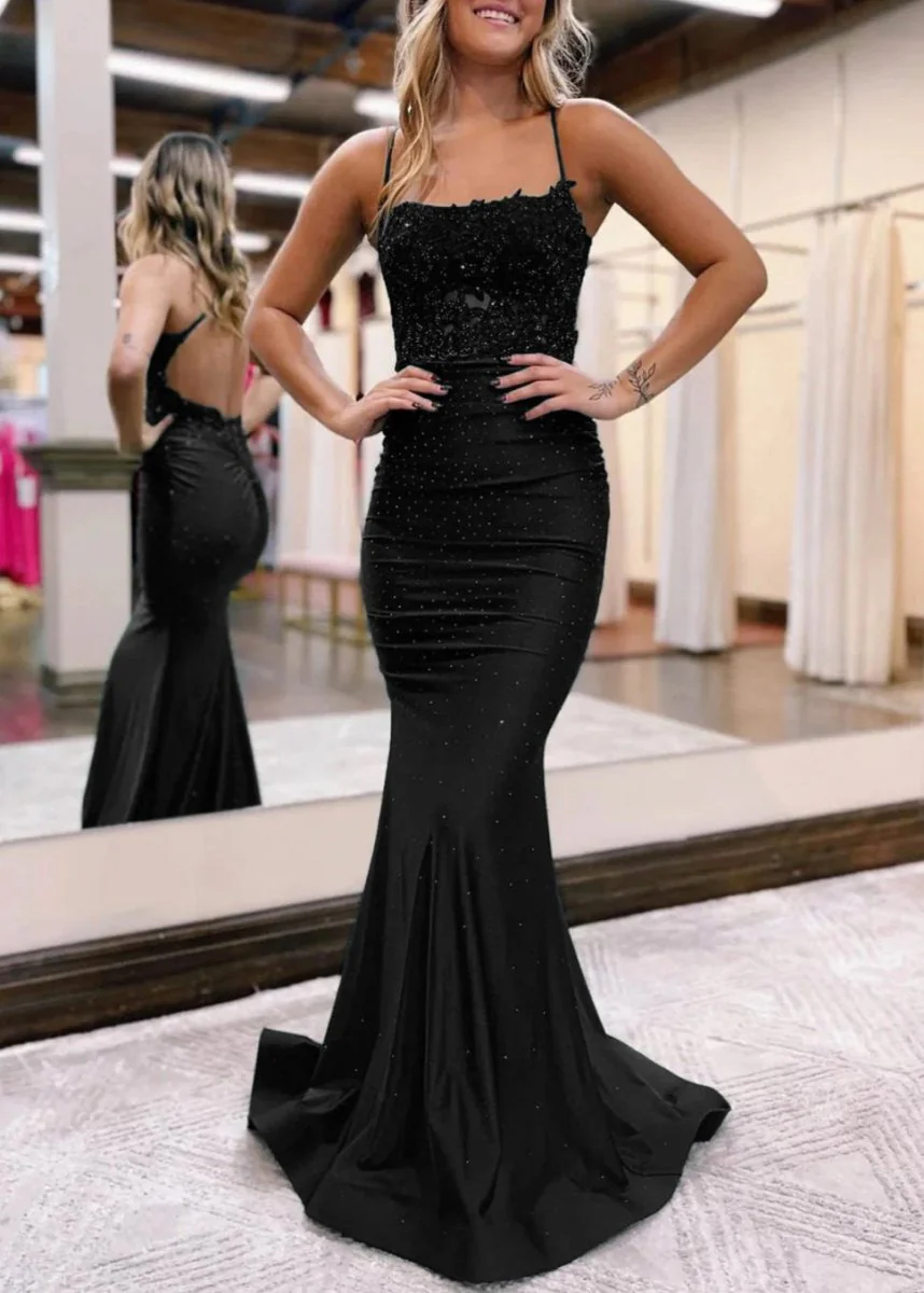 Mermaid Spaghetti Straps Dark Green Long Prom Dress with Appliques