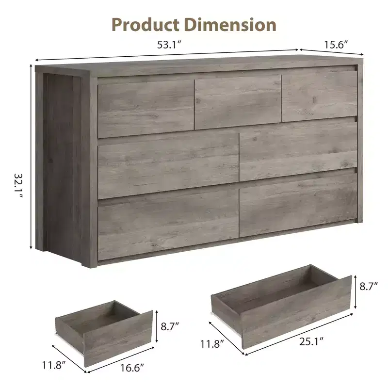 Gray / Natural / White 7-Drawer Dresser – Handle-Free Wood Chest, Single Use