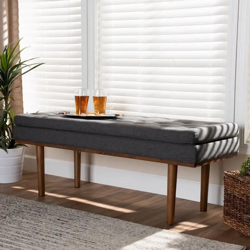 Grey / Beige Mid-Century Modern Button-Tufted Bench, 1-Seat