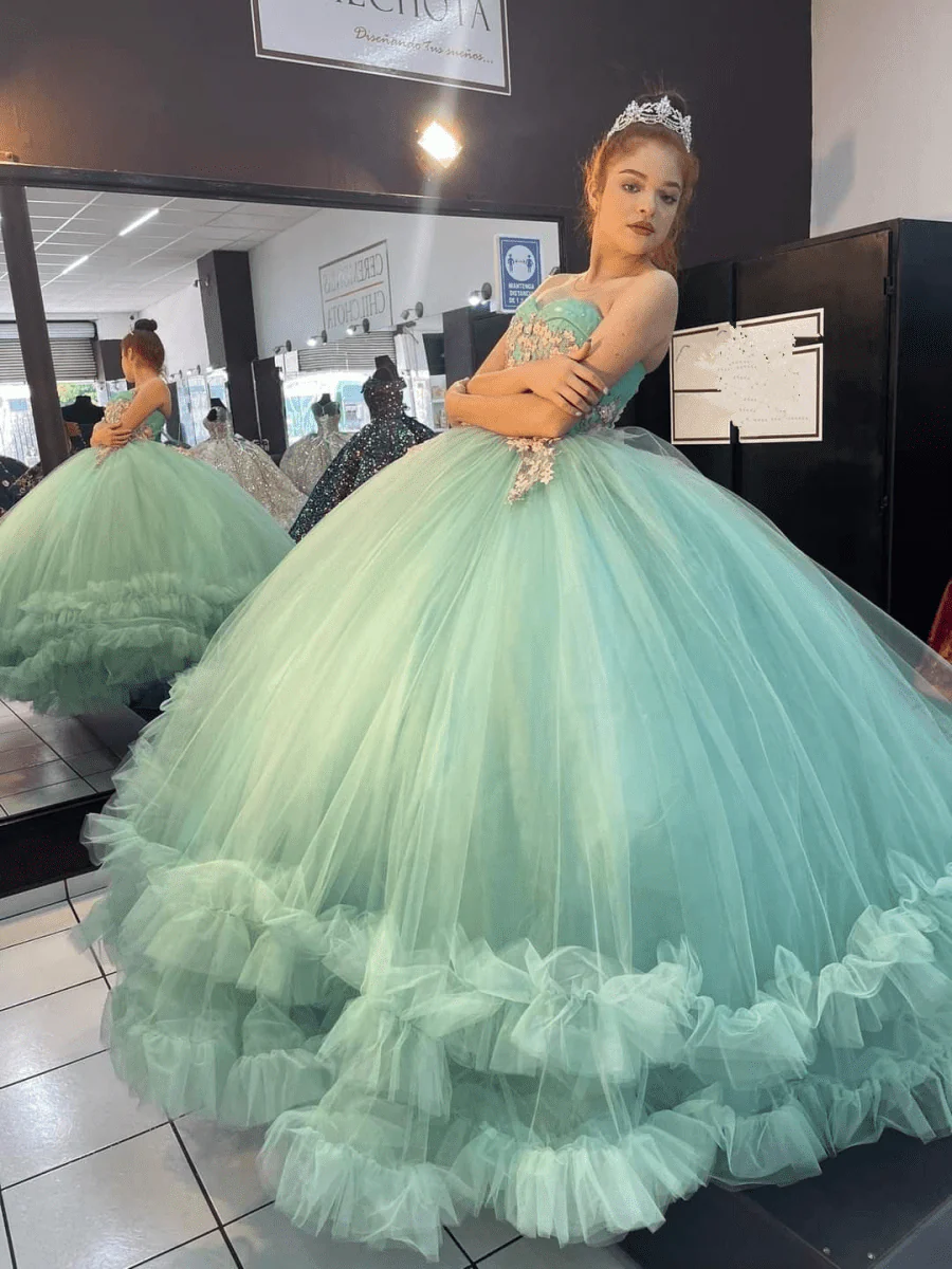 Sage Green Strapless Tulle Ball Gown Quinceanera Dress