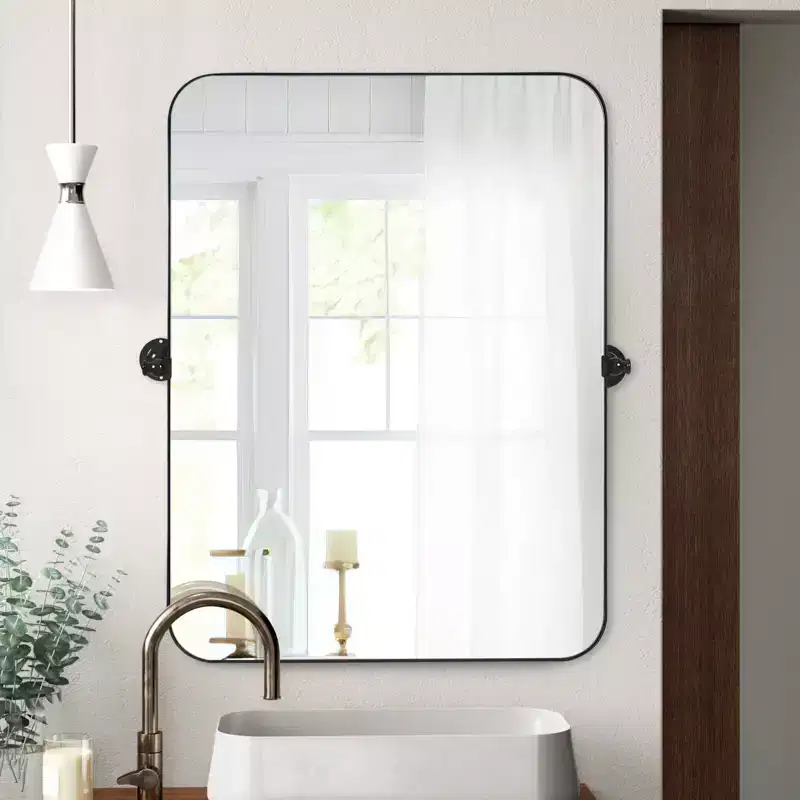 MAYEERTY Hanging Mirror Iron Rounded Corner Rectangle Black Rotating Hardware 31x23x2in
