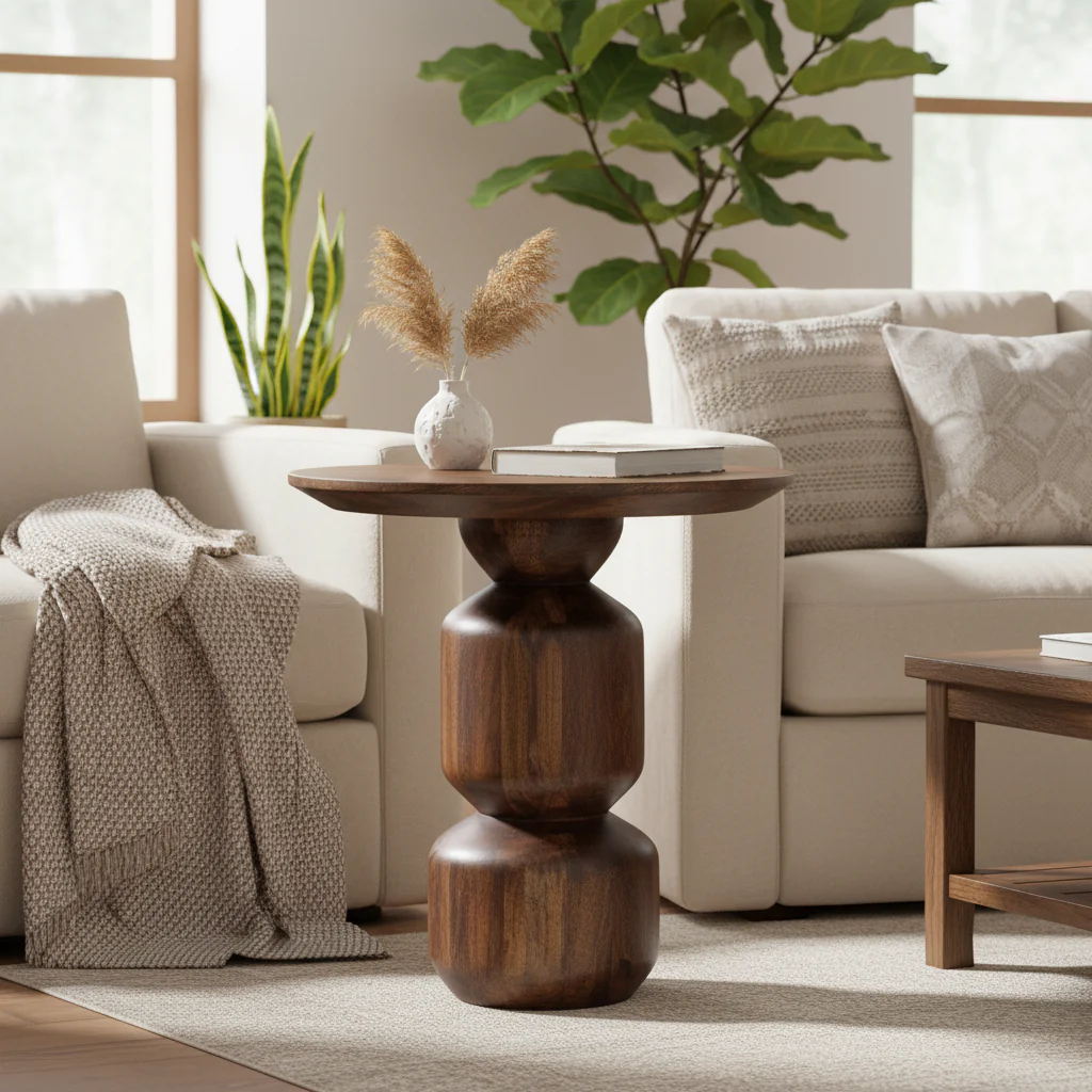 Brown Smoked Solid Mango Wood Round Pedestal Side End Table with Stacked Geometry Base