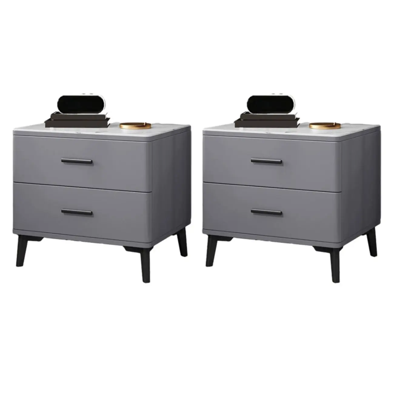 Modern White Stone Top Oak 2-Drawer Nightstand