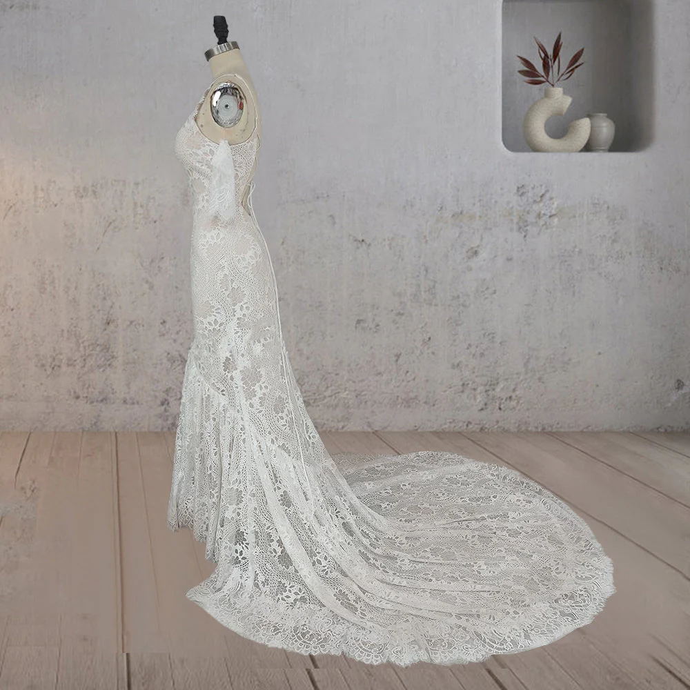 Mermaid White Halter Neck Lace Wedding Dress