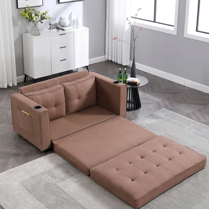 Oaks Aura Upholstered Futon Sofa with Pull-Out Sleeper Couch, Muticolour Choice Foldable Tufted Loveseat With Cup Holder