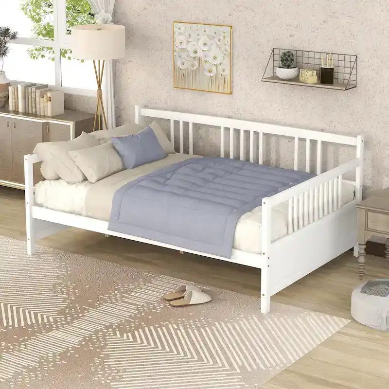Full Size Solid Wood Daybed with Backrest & Armrests, Dual-Use Sofa Bed Frame