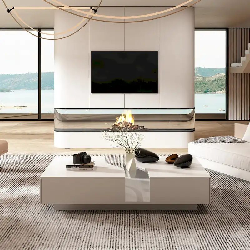 White Modern Coffee Table with Glass Top and LED Lights
