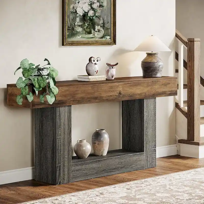 Farmhouse 2 Tiers Entryway Table, 63 Inches Console Table, Narrow Sofa Table