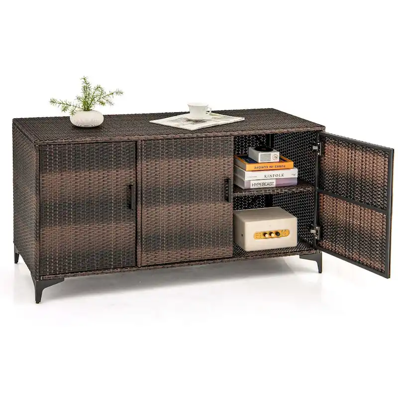 Costway 84 Gallon 3-Door Patio Wicker Storage Cabinet Deck Box with - See Details
