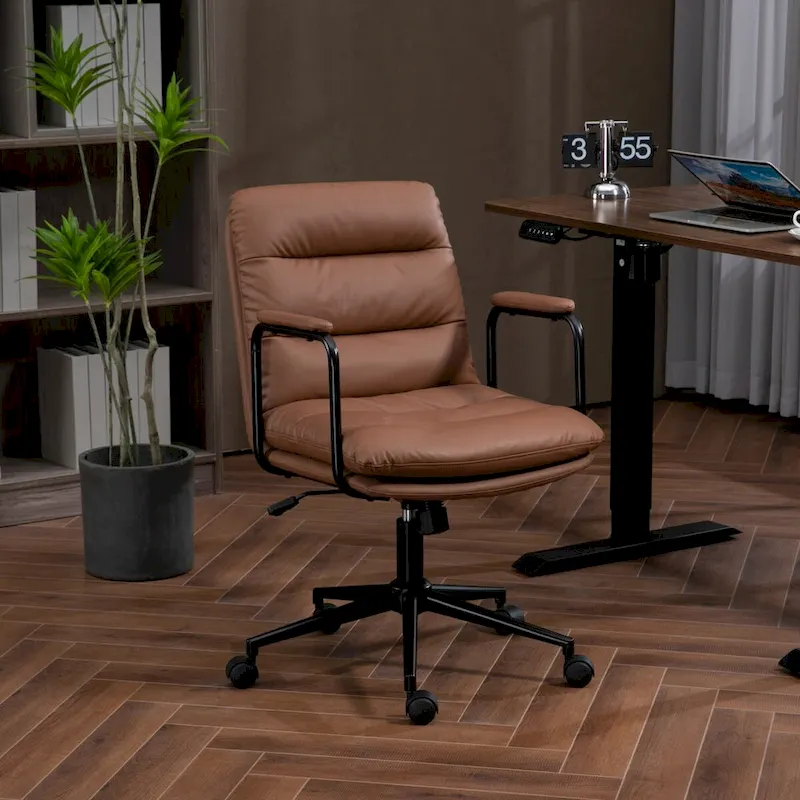 Black / Brown Mid-Back PU Leather Swivel Office Chair with Arms, Wheels & Reclining Back – 1-Person