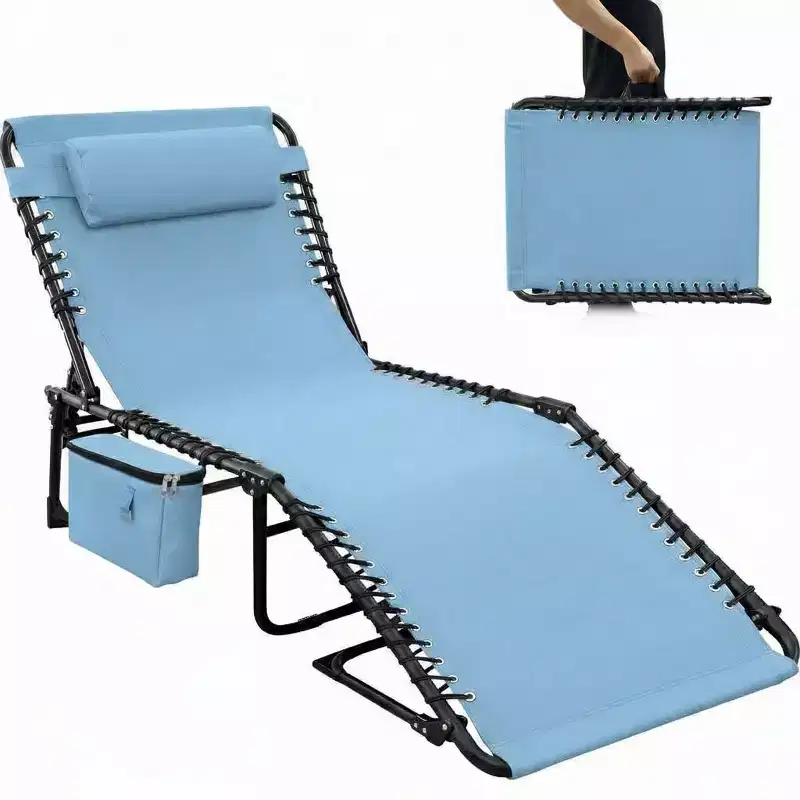 Folding Beach Chair with Face Opening, Pillow and Side Pockets, 5-Position Adjustable Backrest, Suitable for Backyards, Poolside, Beaches and Patios