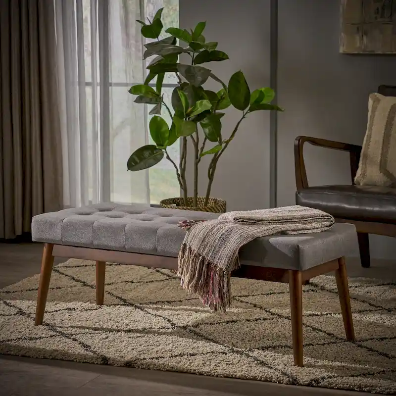 Grey / Coral / Blue Button Tufted Fabric Ottoman Bench, Single Seat