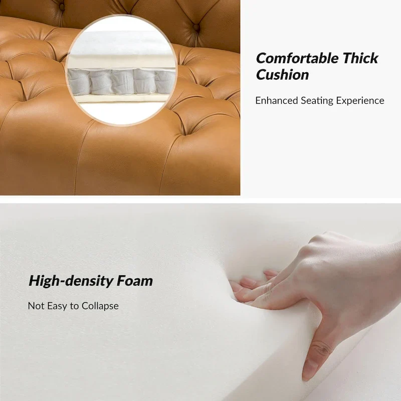 Transitional Genuine Leather Sofa with Metal Legs and Tufted Back
