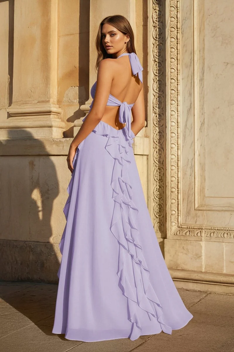 Pink A-Line Halter Chiffon Ruffled Long Prom Dresses With Cut Out