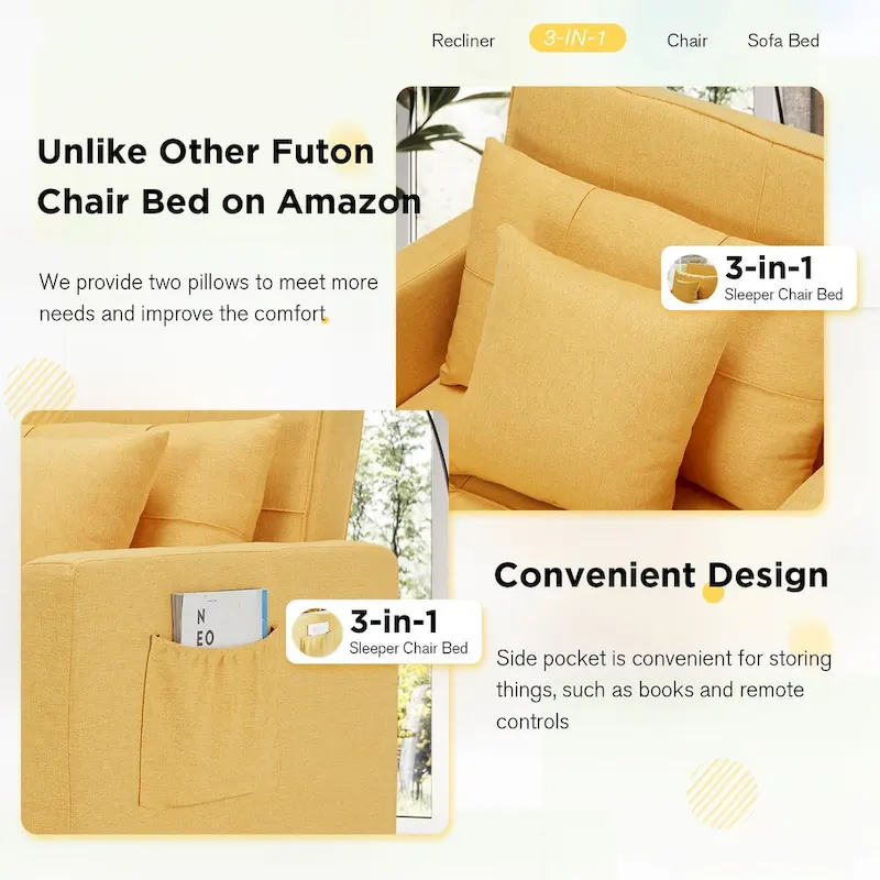 AECOJOY Adjustable Sleeper Chair Bed 3-in-1 Convertible Futon Sofa