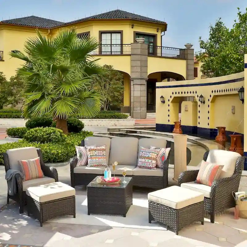OVIOS 6-piece Patio Conversation Wicker Set with Glass Top Table
