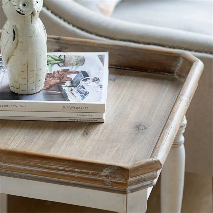 Off-White Square Tray-Top Side Table with Natural Wood Top – Casual Style, Living Room Use