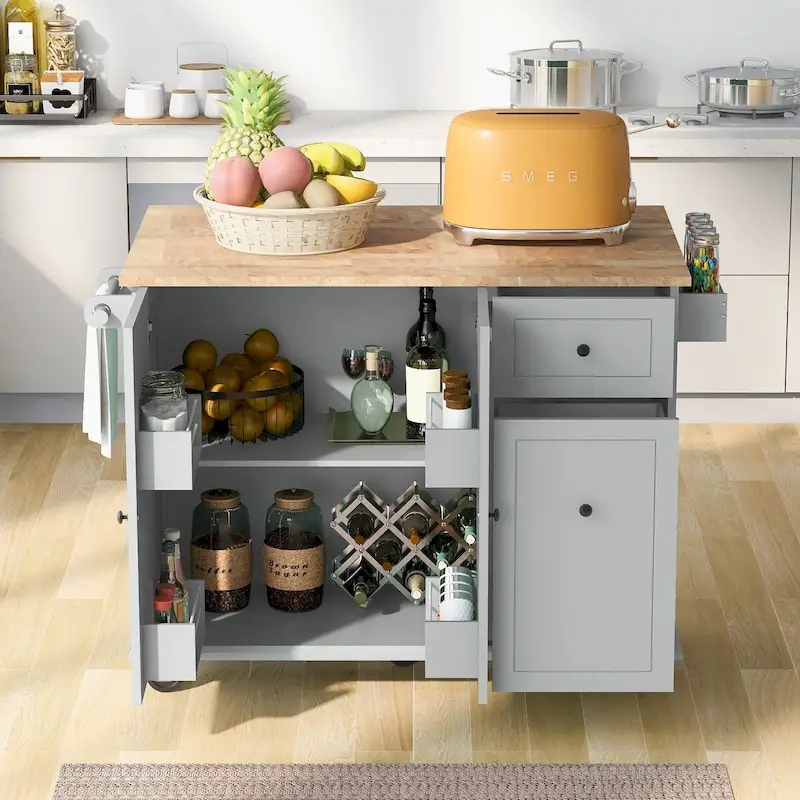 Kitchen Island with Drop Leaf,with Spice Rack, Towel Rack
