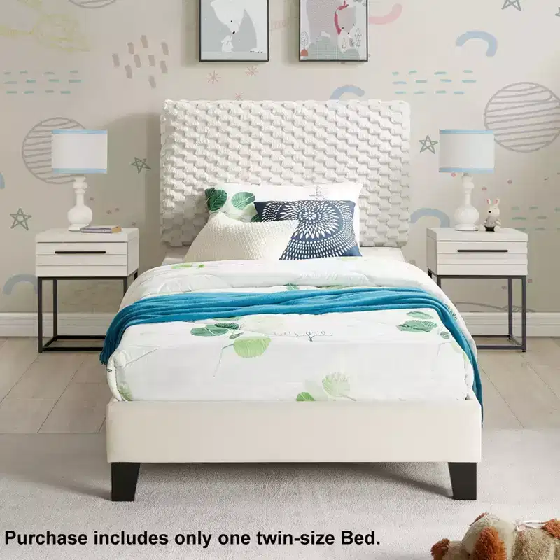 Findlay Plush 3D Upholstered Platform Bed in White Dove