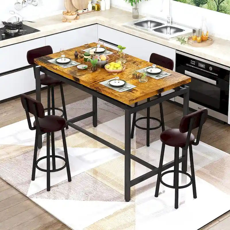 Mieres Industrial Style Rustic 5 Pieces Dining Table Set, Counter Height Dining Table with 4 Upholstered Bar Chairs