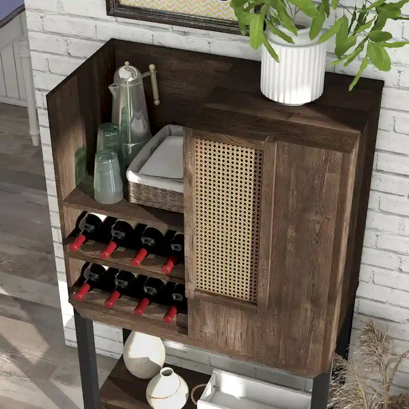 Cassini Farmhouse Reclaimed Oak 2 Open Shelves Wood Kitchen Hutch with Wine Rack by Carbon Loft