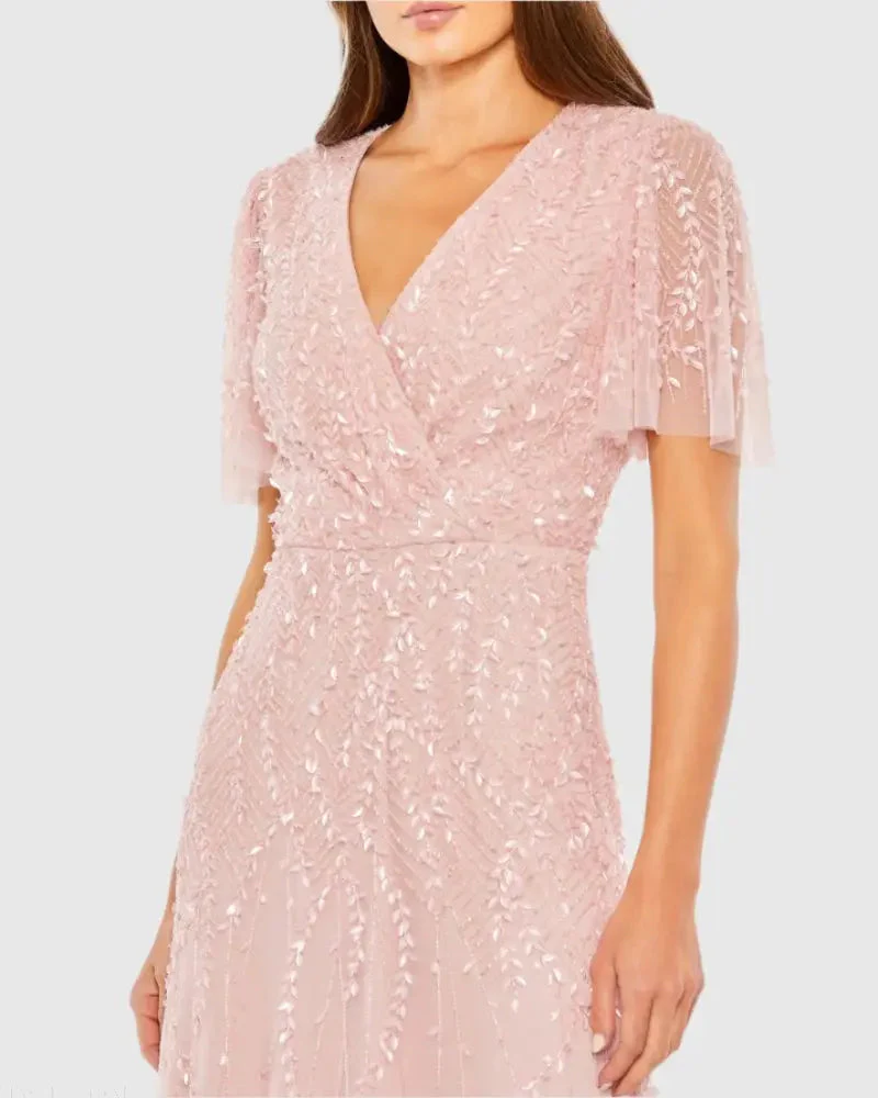 Pink Beaded Wrap Over Butterfly Sleeve Dress
