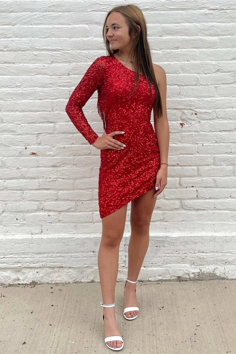 Fuchsia Bodycon One Shoulder Tassel Back Mini Party Dresses