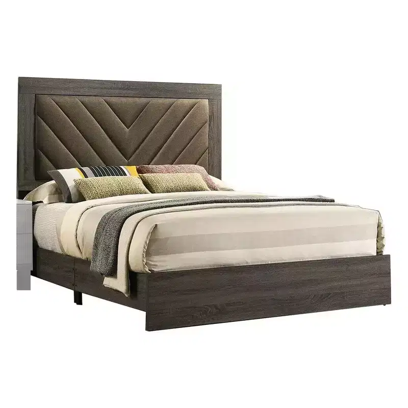 Royal Hampton Upholstered Queen Size Bed, Chevron Tufted Brown Headboard, Dark Gray