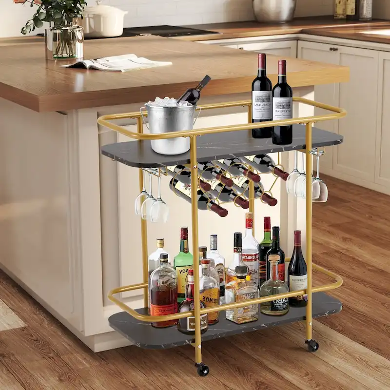 Gold Bar Cart with Wheels, Rolling Liquor Cart with Wine Rack and Glass Holder, Modern Bar Trolley for Home Kitchen