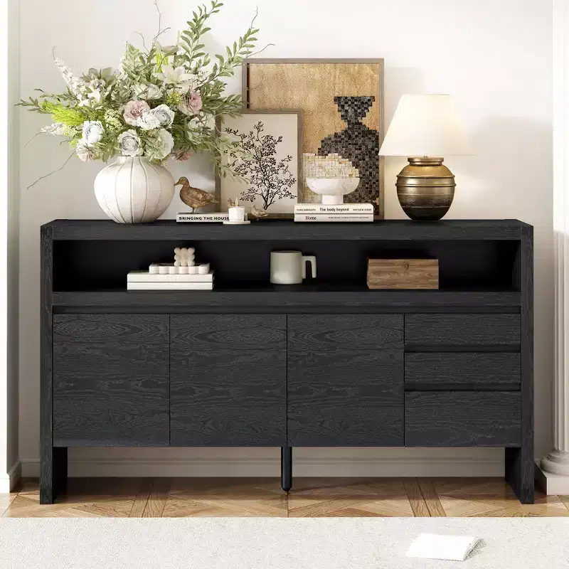 TUYOHW 3-Door Kitchen Cabinet,Sideboard with 3 Drawers,Semi-Open Shelf,Center Cutout,Solid Ash Veneer Storage Cabinet for Living Room,Dining Room