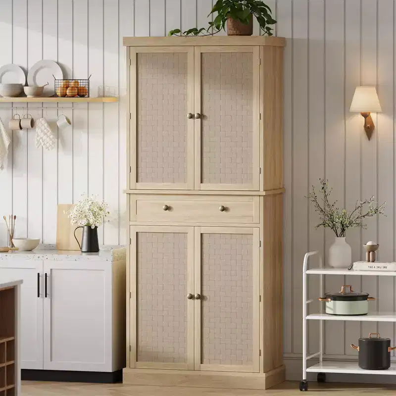 72 Wood Color Farmhouse Pantry Cabinet C 4-Door Tall Kitchen Storage with Adjustable Shelves & Drawer for Dining/Living Room